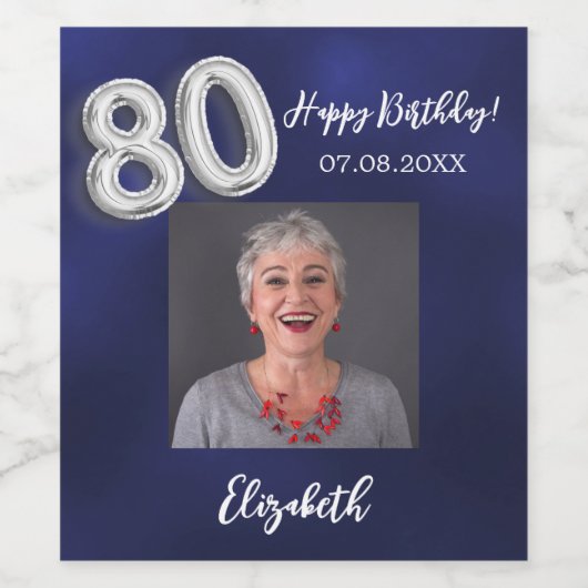80e verjaardag marine blauwe foto wijn etiket (Enkel label)