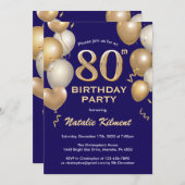 80e verjaardag marineblauw en goudballonnen kaart (Voorkant / Achterkant)