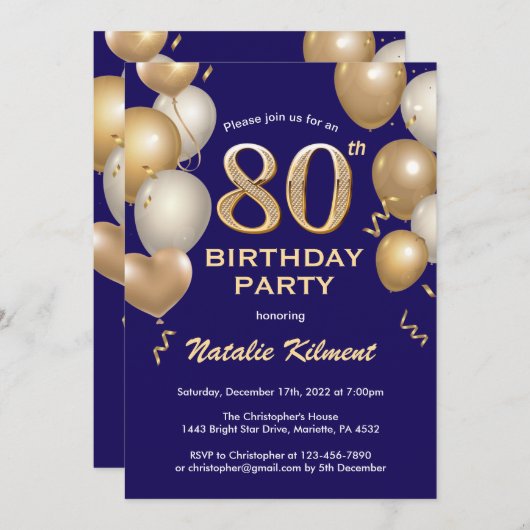 80e verjaardag marineblauw en goudballonnen kaart (Voorkant / Achterkant)