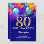 80e verjaardag marineblauw en goudkleurige ballonn kaart (Voorkant / Achterkant)