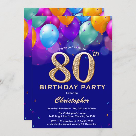 80e verjaardag marineblauw en goudkleurige ballonn kaart (Voorkant / Achterkant)