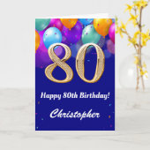 80e verjaardag marineblauw en goudkleurige ballonn kaart (Gele Bloem)