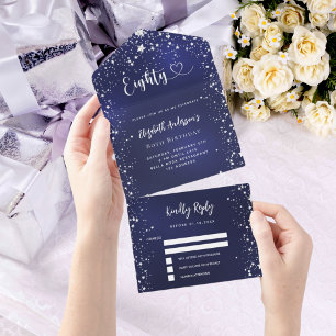 80e Verjaardag marineblauw zilver sterren rsvp All In One Uitnodiging