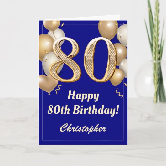 80e verjaardag marinenblauw en gouden ballonnen Co Kaart (Voorkant)