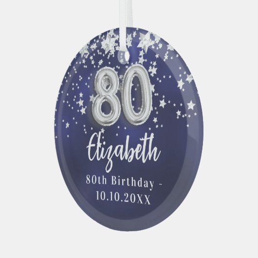 80e verjaardag marinesblauwe zilversterren glas ornament (Voorkant links)
