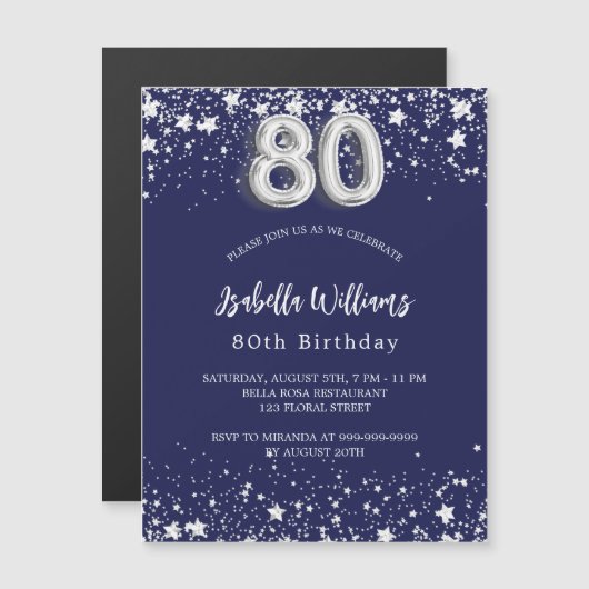 80e verjaardag marinesblauwe zilversterren luxe magnetische uitnodiging (Voorkant / Achterkant)