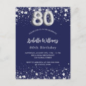 80e verjaardag marinesblauwe zilversterren uitnodiging briefkaart (Voorkant)