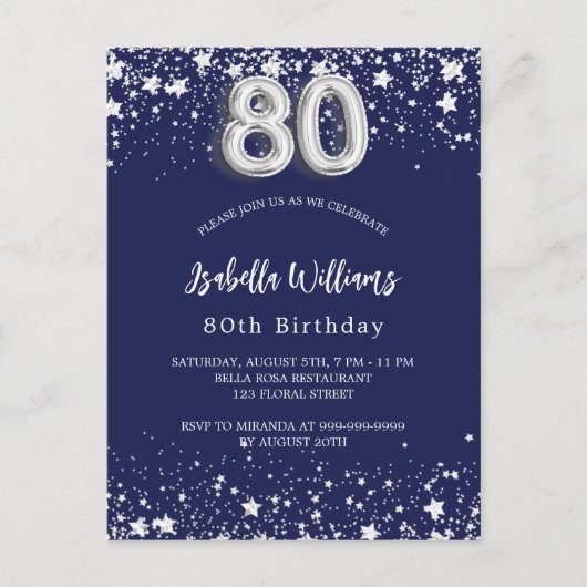 80e verjaardag marinesblauwe zilversterren uitnodiging briefkaart (Voorkant)