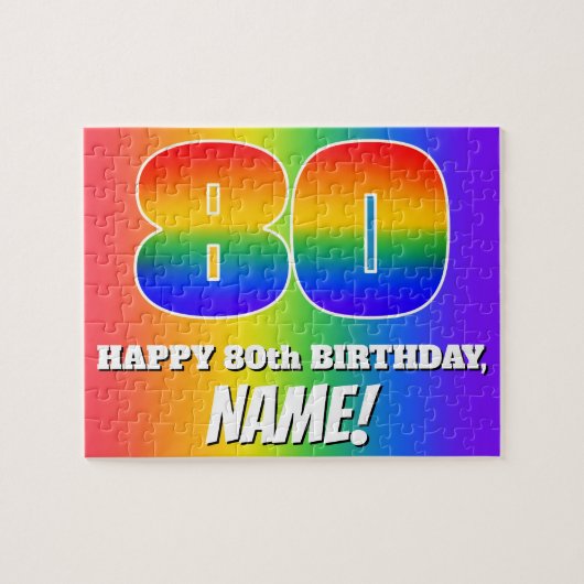 80e verjaardag — Meerkleurig regenboogpatroon "80" Legpuzzel (Horizontaal)