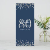80e Verjaardag Menu Zilver Confetti Navy Blue Kaart (Staand voorkant)