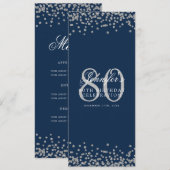 80e Verjaardag Menu Zilver Confetti Navy Blue Kaart (Voorkant / Achterkant)