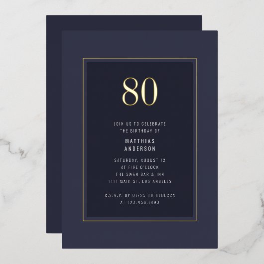 80e verjaardag minimale elegante donkergouden Lijs Folie Uitnodiging (Voorkant / Achterkant)