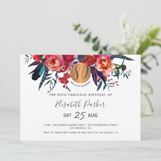 80e verjaardag Modern boho floral waterverf Kaart (Staand voorkant)