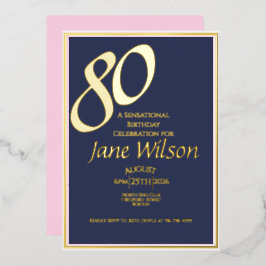 80e verjaardag Modern Elegante Roze Navy Folie Uitnodiging