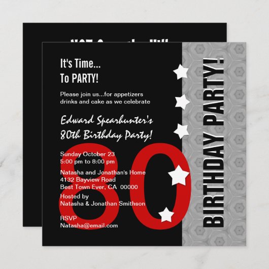 80e verjaardag Modern Red Silver Black Funny D845F Kaart (Voorkant / Achterkant)
