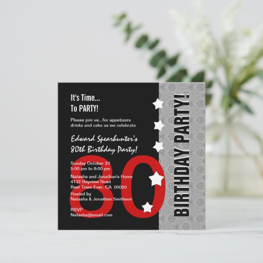 80e verjaardag Modern Red Silver Black Funny D845F Kaart (Staand voorkant)
