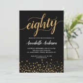 80e verjaardag Modern Zwart Goud Confetti Script Kaart (Staand voorkant)