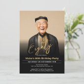 80e verjaardag Moderne Zwart Goud Minimale Foto Kaart (Staand voorkant)