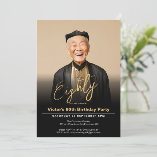 80e verjaardag Moderne Zwart Goud Minimale Foto Kaart (Staand voorkant)
