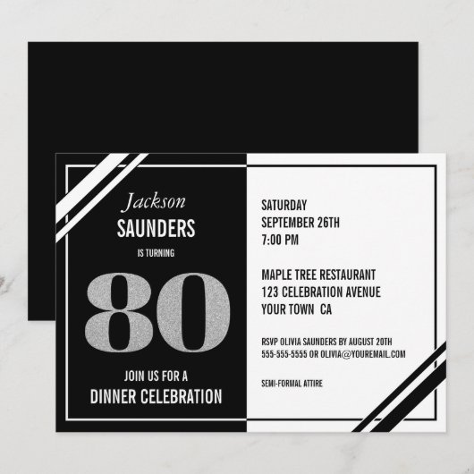 80e verjaardag Moderne zwarte en witte diner Kaart (Voorkant / Achterkant)
