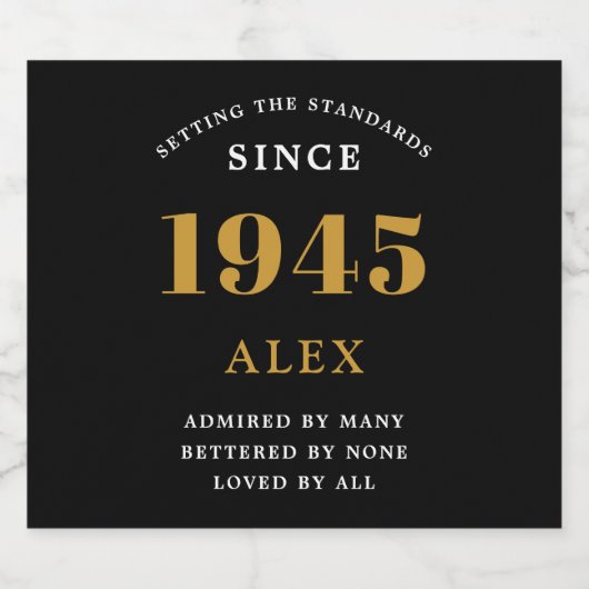 80e Verjaardag Naam 1945 Zwart Goud Elegant Chic Sparkling Wijnetiket (Enkel label)