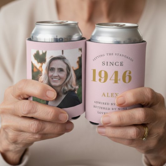 80e Verjaardag Naam 1946 Chic Roze Grijs Foto Blikjeskoeler