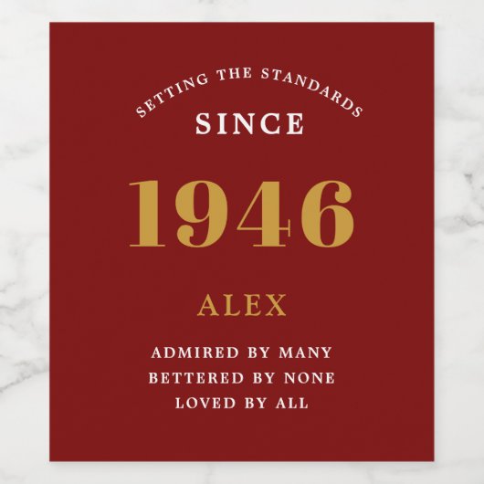 80e verjaardag naam 1946 rood goud elegante Chic Wijn Etiket (Enkel label)