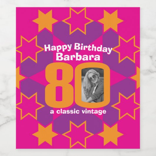 80e verjaardag naam roze foto aangepaste wijnlabel wijn etiket (Enkel label)