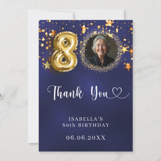 80e verjaardag navy blauw goud sterren foto bedankkaart (Voorkant)