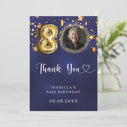 80e verjaardag navy blauw goud sterren foto bedankkaart (Staand voorkant)