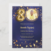80e verjaardag navy blauw goud sterren foto kaart (Voorkant)