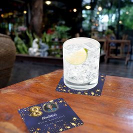 80e verjaardag navy blauw goud sterren foto kartonnen onderzetters