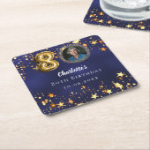 80e verjaardag navy blauw goud sterren foto kartonnen onderzetters (Schuin)