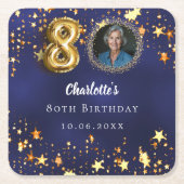 80e verjaardag navy blauw goud sterren foto kartonnen onderzetters (Voorkant)