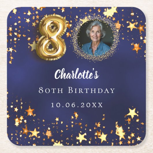 80e verjaardag navy blauw goud sterren foto kartonnen onderzetters (Voorkant)