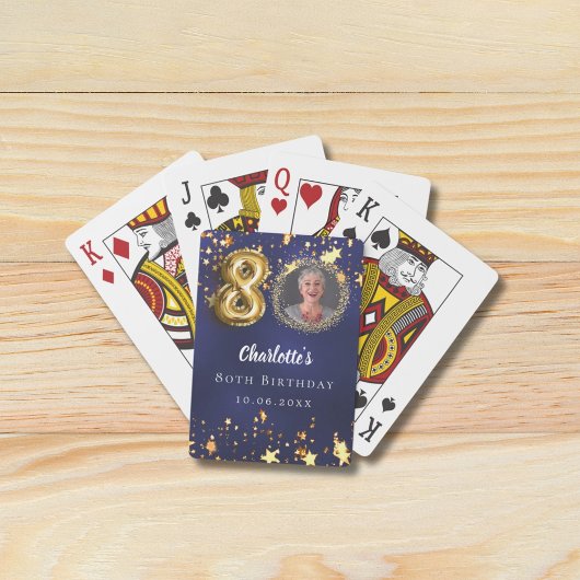 80e verjaardag navy blauw goud sterren foto pokerkaarten