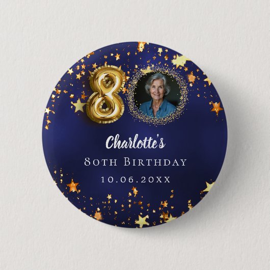 80e verjaardag navy blauw goud sterren foto ronde button 5,7 cm (Voorkant)