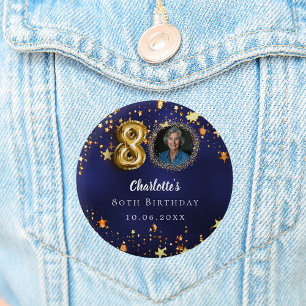 80e verjaardag navy blauw goud sterren foto ronde button 5,7 cm