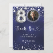 80e verjaardag navy blauw zilveren sterren foto bedankkaart (Voorkant)