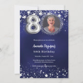80e verjaardag navy blauw zilveren sterren foto kaart (Voorkant)