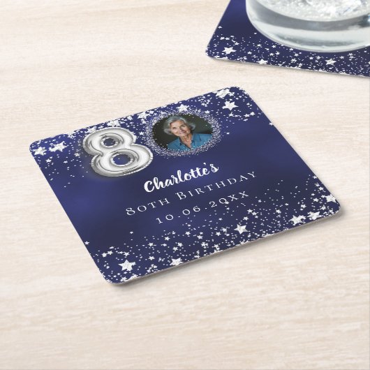 80e verjaardag navy blauw zilveren sterren foto kartonnen onderzetters (Schuin)