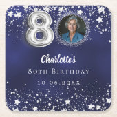 80e verjaardag navy blauw zilveren sterren foto kartonnen onderzetters (Voorkant)