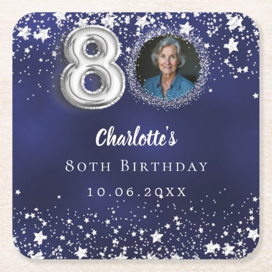 80e verjaardag navy blauw zilveren sterren foto kartonnen onderzetters (Voorkant)