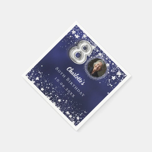 80e verjaardag navy blauw zilveren sterren foto servet (Hoek)