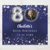 80e verjaardag navy blauw zilveren sterren foto sparkling wijnetiket (Enkel label)