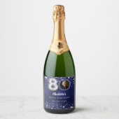 80e verjaardag navy blauw zilveren sterren foto sparkling wijnetiket (Voorkant)