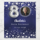 80e verjaardag navy blauw zilveren sterren foto wijn etiket (Enkel label)