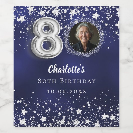 80e verjaardag navy blauw zilveren sterren foto wijn etiket (Enkel label)