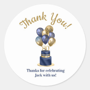 80e verjaardag Navy Blauwe Ballon Cake Bedankt Ronde Sticker