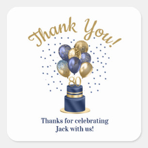 80e verjaardag Navy Blauwe Ballon Cake Bedankt Vierkante Sticker